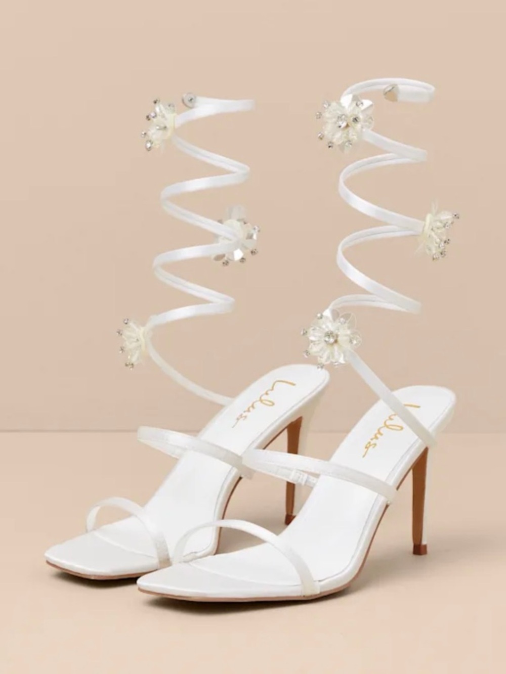 Esmarie White Satin Ankle Wrap High Heel Sandals with flowers - Picture 2 of 7